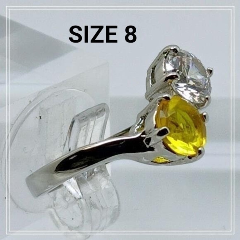 Vintage 90s Silver Tone Bypass Ring Two Stone Yellow Clear‎ CZ Round Cut Size 8
